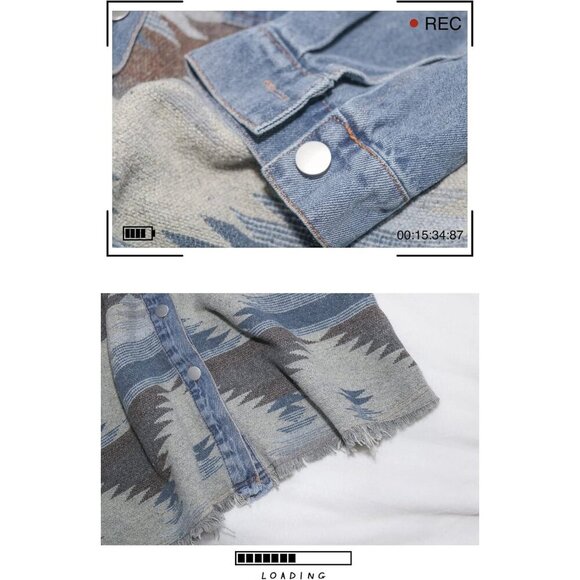 Women's Aztec Denim Jacket Distressed Long Sleeve Button Down Shacket - Picture 6 of 7